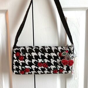 Beaded Black & White Houndstooth Cherry Shoulder Bag Handcrafted In India
